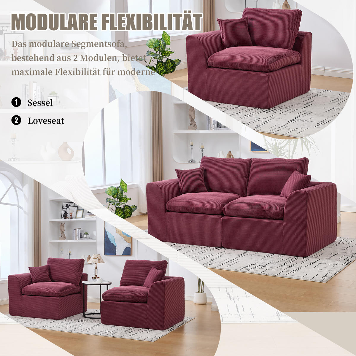2-SITZER SOFA Cord Weinrot mit Kissen - Weinrot, Textil (204/84/102.5cm) - WISHDOR