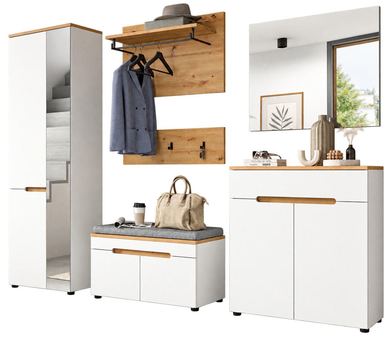 GARDEROBEN-SET weiß, Eiche Artisan 7-teilig, Komplett-Set mit Soft-Close und Sitzkissen - Weiß, Glas/Holzwerkstoff (255/190/37cm) - Inn.Furn