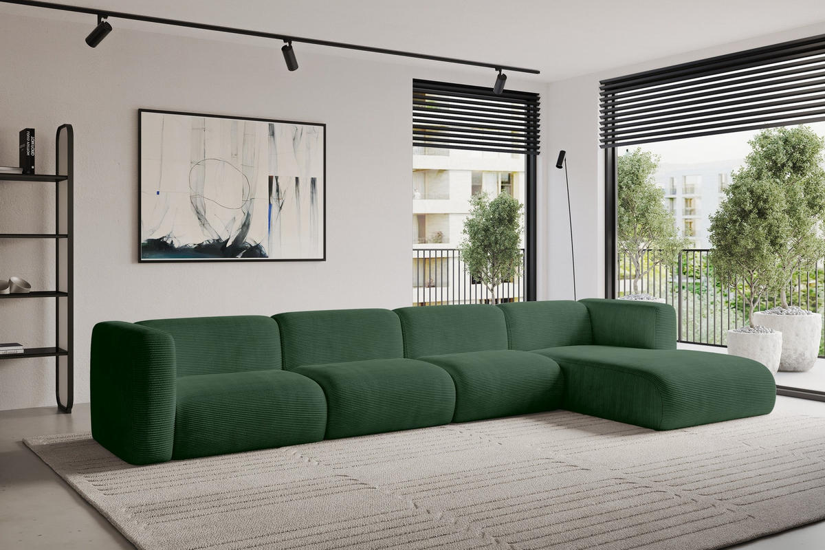 ECKSOFA Ottomane Rechts MIRA-L3 409x179x70 Grün Cord - Salbeigrün/Schwarz, Holzwerkstoff/Kunststoff (409/179cm) - ALTDECOR