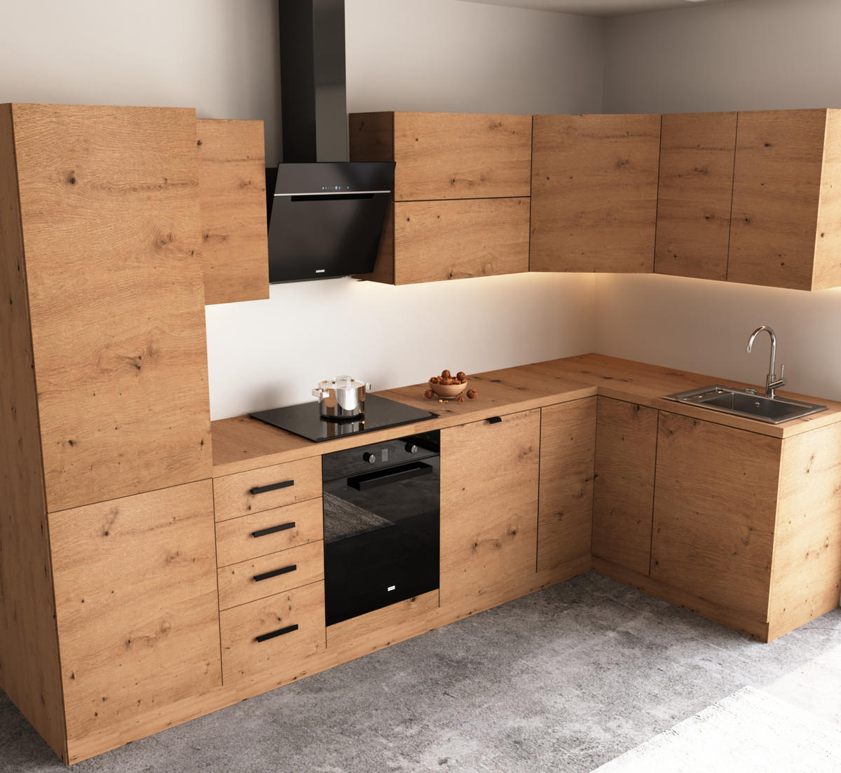 WINKELKÜCHE 300 cm x 140 cm- Langen KL6-M300 - in Artisan Eiche - Schwarz/Eiche Artisan, Holz/Holzwerkstoff (440/212/58cm)