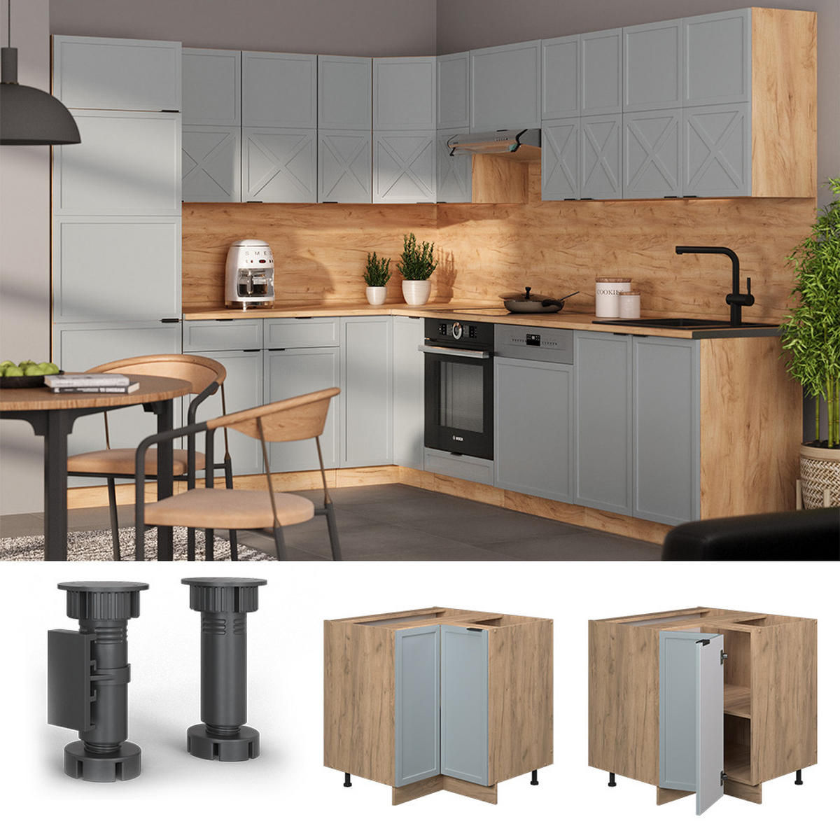 ECKUNTERSCHRANK Fame-Line Hellblau-grau 80.5 cm, AP Eiche - Honigeiche/Eiche Wotan, Holzwerkstoff (80.5/82/60cm) - Vicco