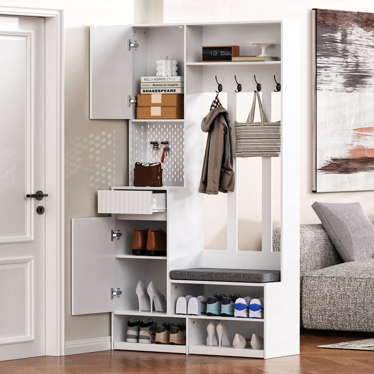 KÜCHENSCHRANK, 100/180/35 cm, MDF, Weiß, 6-IN-1 DESIGN MIT KIPPSICHERUNG, Flurgarderobe für Eingangsbereich - Weiß, Holzwerkstoff (35/180/100cm) - Rolipo