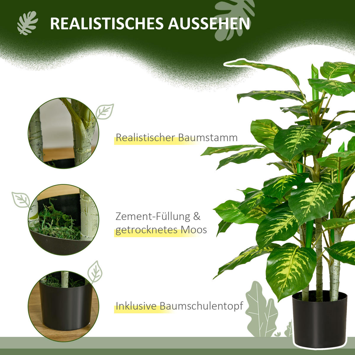 KÜNSTLICHE Dieffenbachie groß 95 cm - Grün, Kunststoff (95cm) - HOMCOM