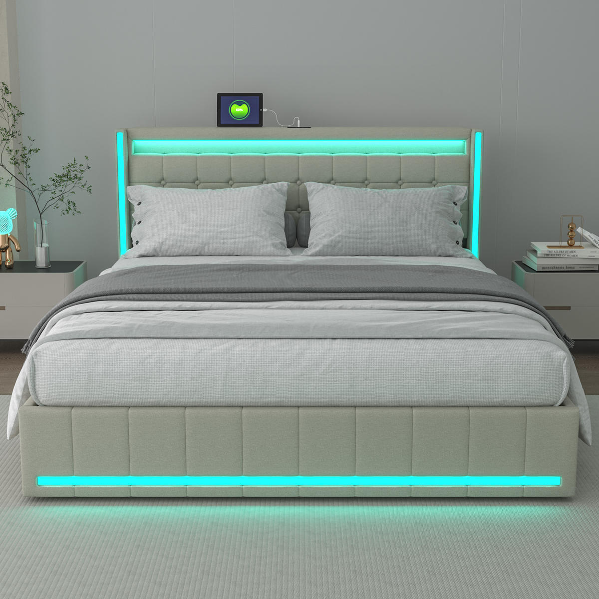 POLSTERBETT 140x190 Beige LED USB 4 Schubladen - Grau, Holzwerkstoff (140/200cm) - SHOPENTRA