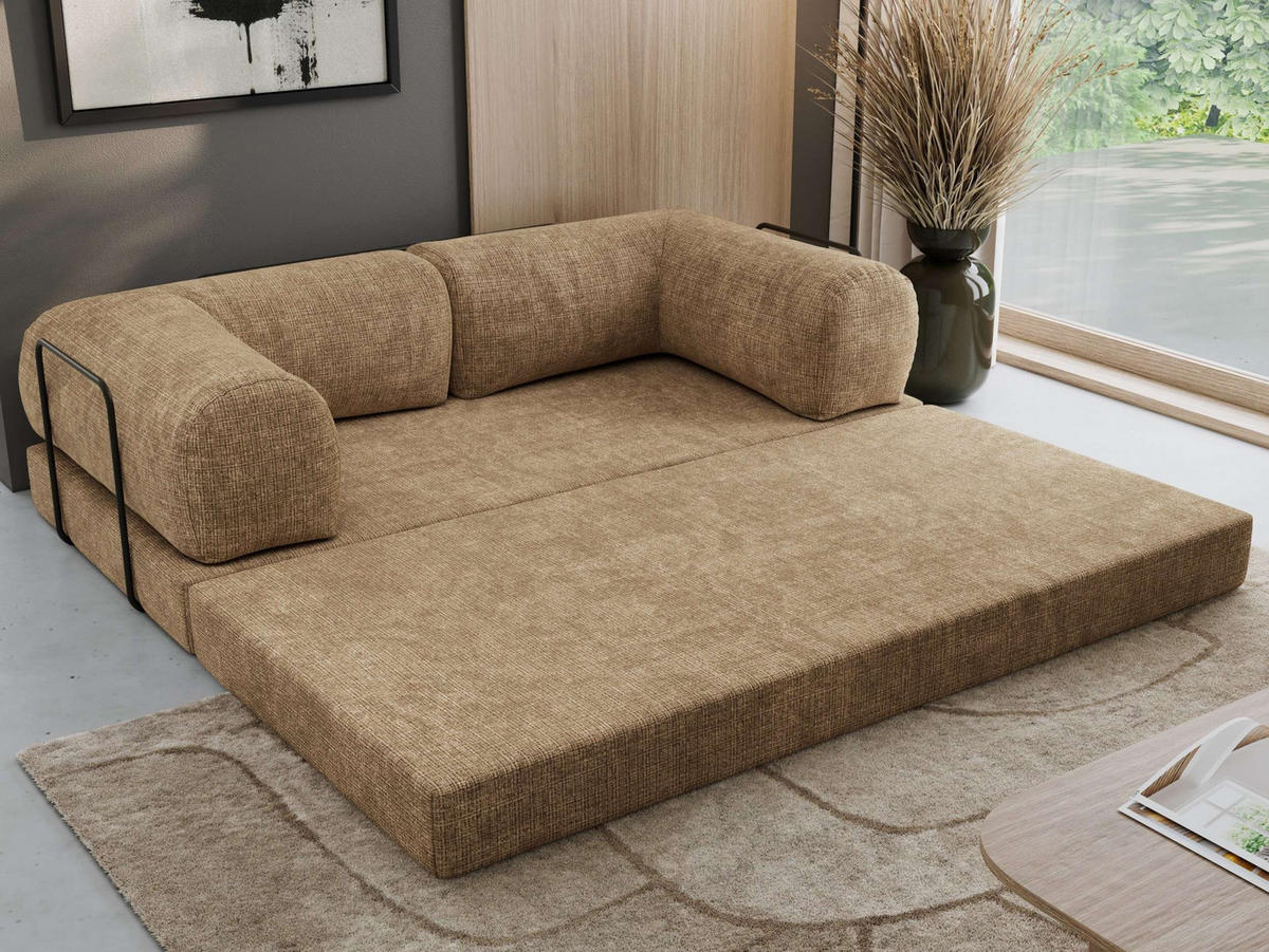TROJMIESTNA POHOVKA ORSETTO - Svetlohnedá Hrubo tkaná ženilka - svetlohnedá/čierna, kov/textil (200/70/100cm) - MKS