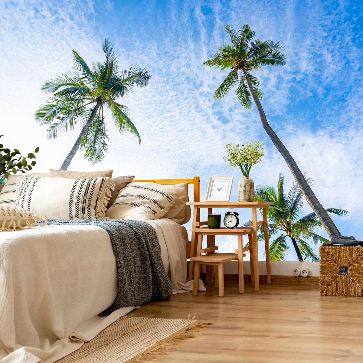 FOTOTAPETE für Badezimmer Palmen Kokos Himmel Untenblick 200x140 - Blau/Weiß, Papier (200/140cm) - Muralo