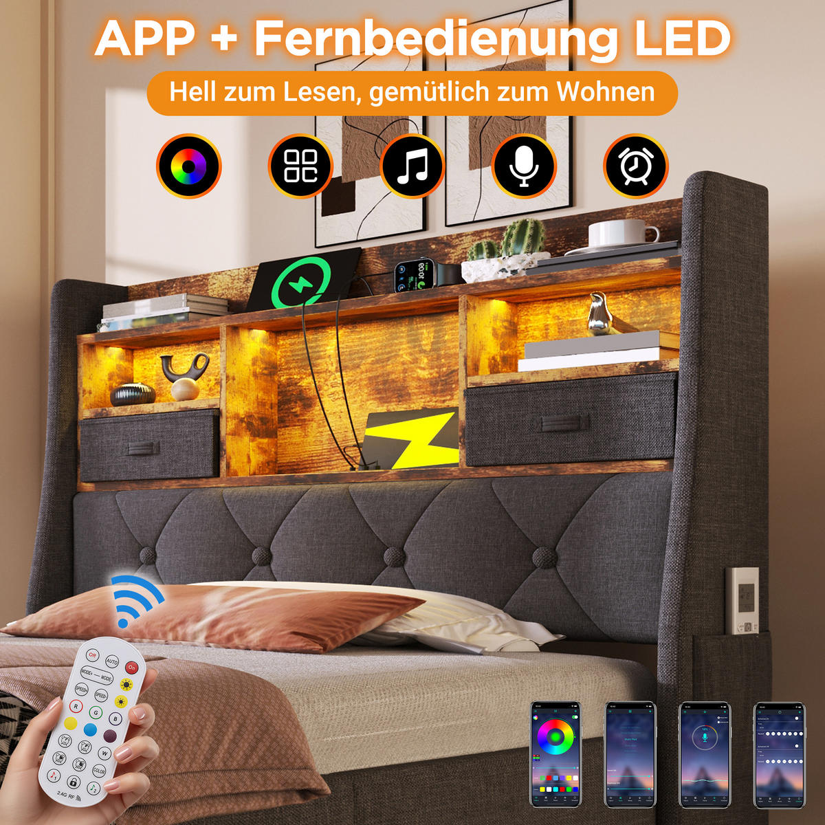 POLSTERBETT 90/200 cm mit LED, USB- und Type-C-Anschlüssen, hydraulischem Stauraum und Matratze, Grau - Grau, Textil (90/200cm) - Redom