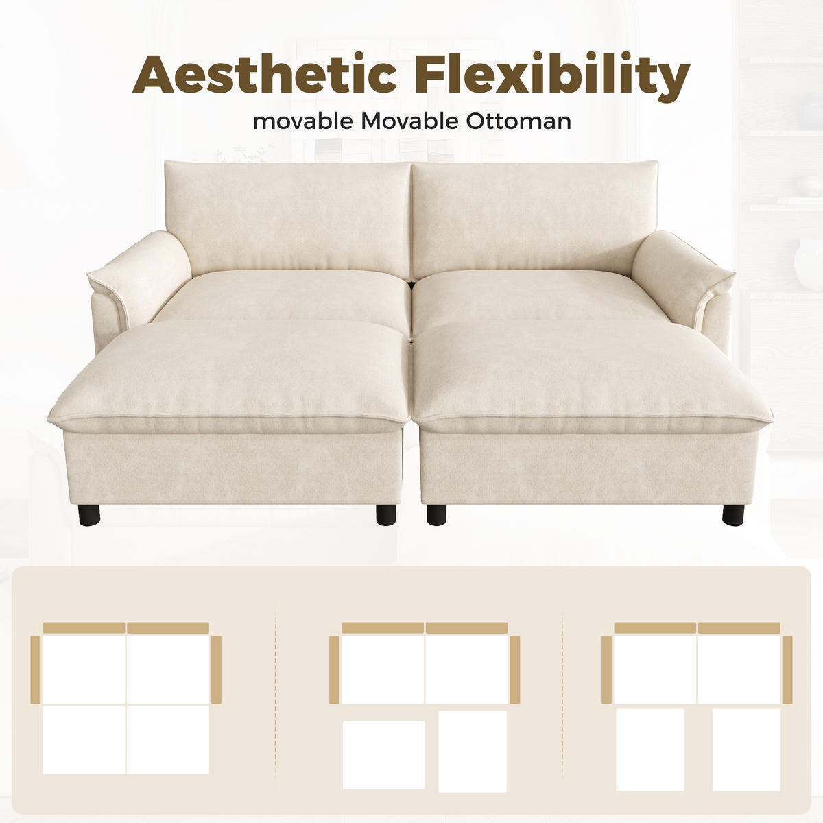 SOFA Beige U-Form Cloud Modular 2 Hocker Deep Seat 216cm - Beige, Textil (77/82/216cm) - FLIEKS