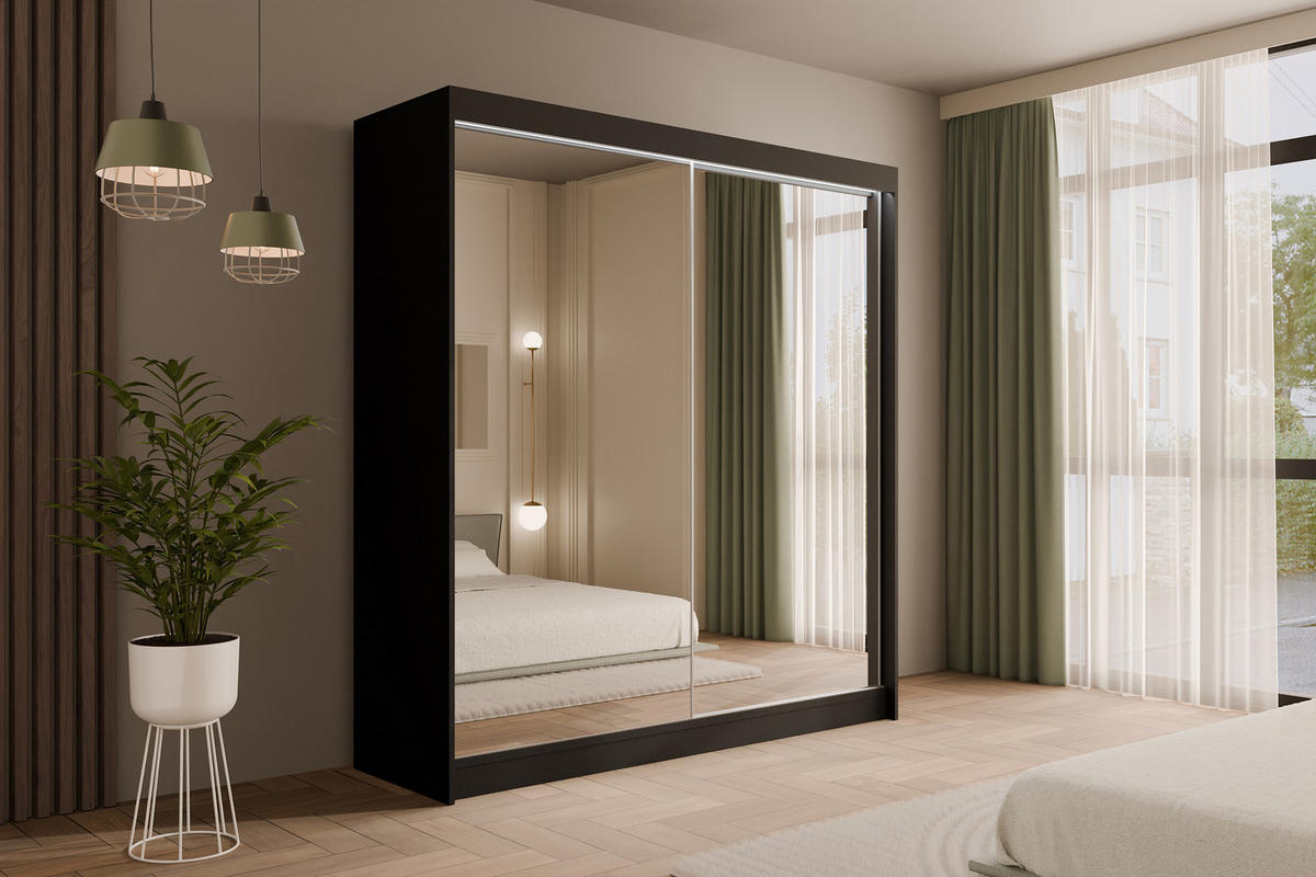 KLEIDERSCHRANK AMOHA mit LED - 200 cm - Schwarz - Schwarz, Holzwerkstoff (200/215/61cm) - ALTDECOR