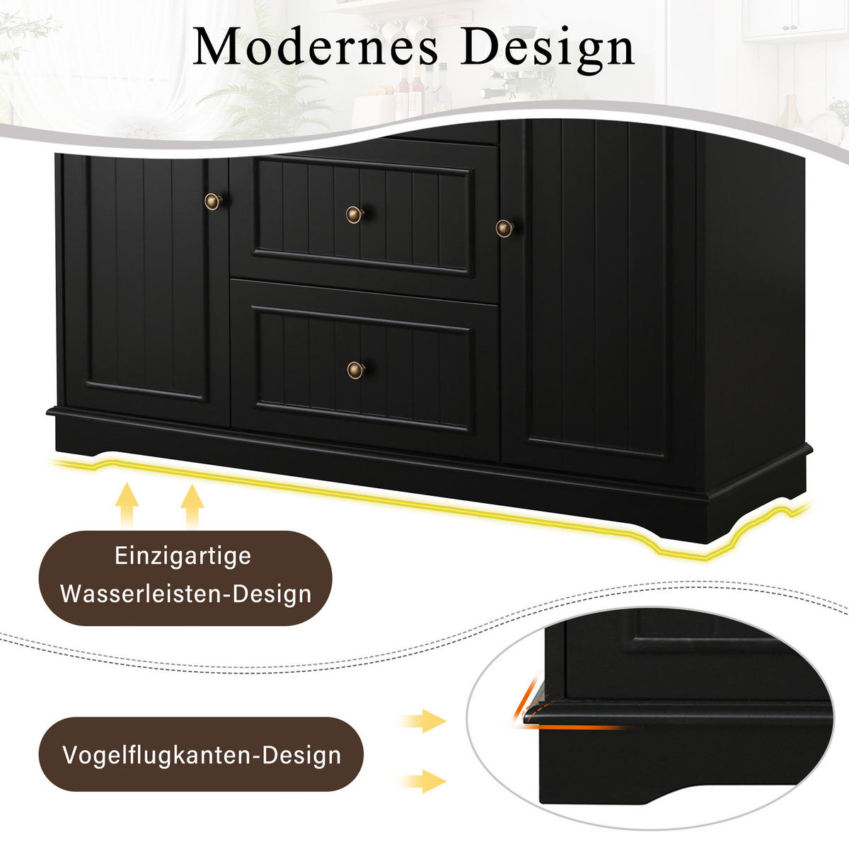 SIDEBOARD mit 3 Schubladen und Küchentüren, Schwarz - Schwarz, Holzwerkstoff (126/86/40cm)