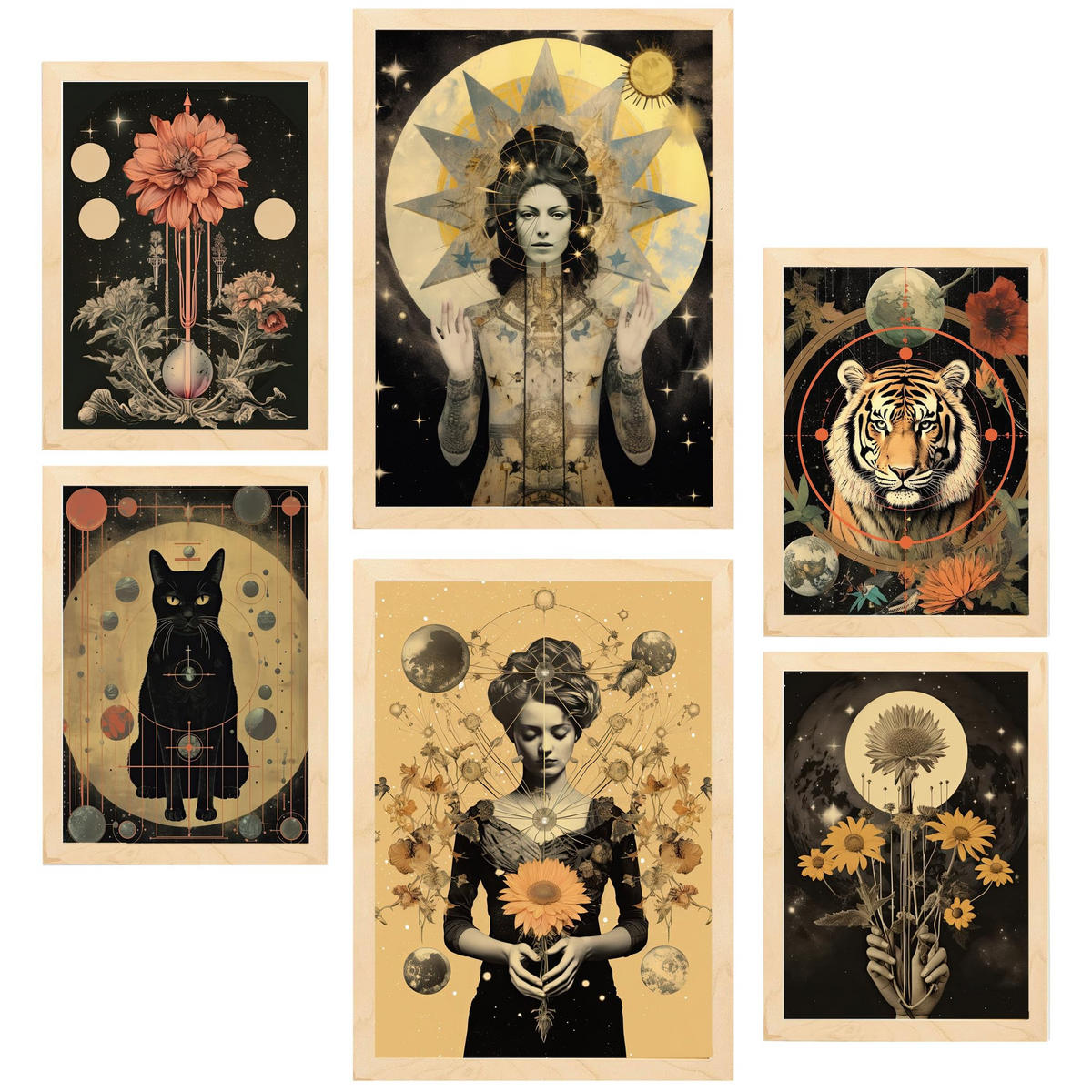 POSTER Set Mit 6 Femininen Mystischen & Esoterischen A3 & A4 Rahmen Aus Hellem Holz - Beige, Papier (29/3cm) - Nacnic