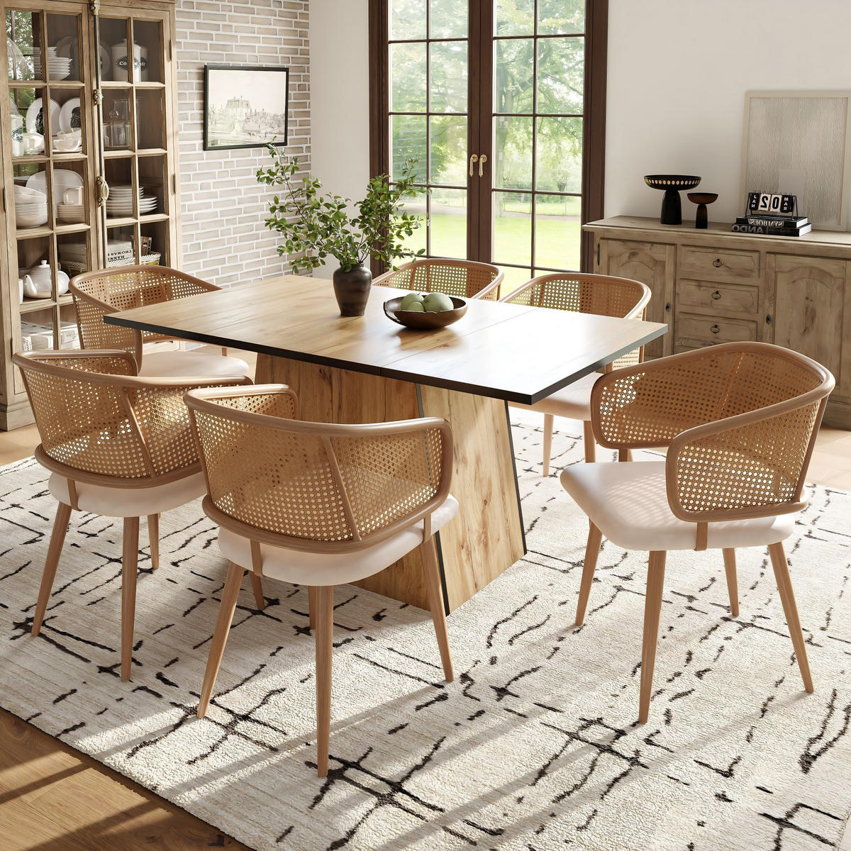 ESSZIMMERSTUHL 2-Tlg Rattan Rückenlehne, PU Leder Sitz, Beige - Braun, Metall (47/79/51cm) - FLIEKS