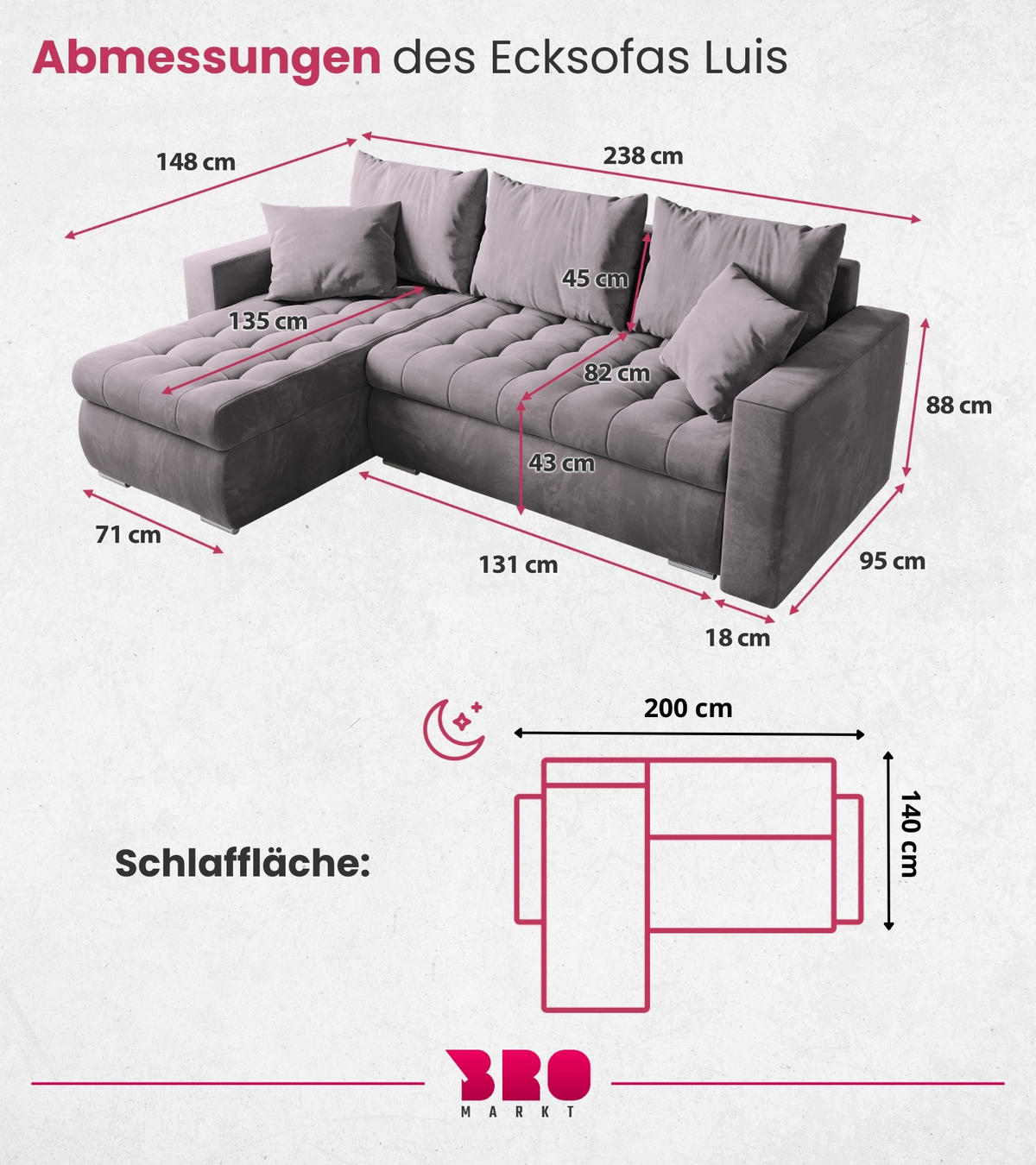 ECKSOFA Luis mit Schlaffunktion Puderrosa Samt - Silberfarben/Rosa, Kunststoff/Textil (148/238cm) - Bromarkt