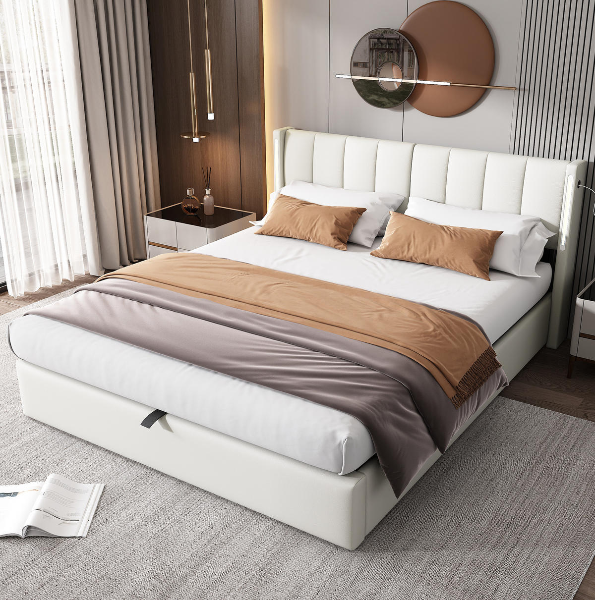 POLSTERBETT aus PU 160x200 cm Weiß mit USB-Anschluss, LED-Beleuchtung, verstellbarem Kopfteil und Bettkasten - Weiß, Kunststoff (160/200cm) - Modfu