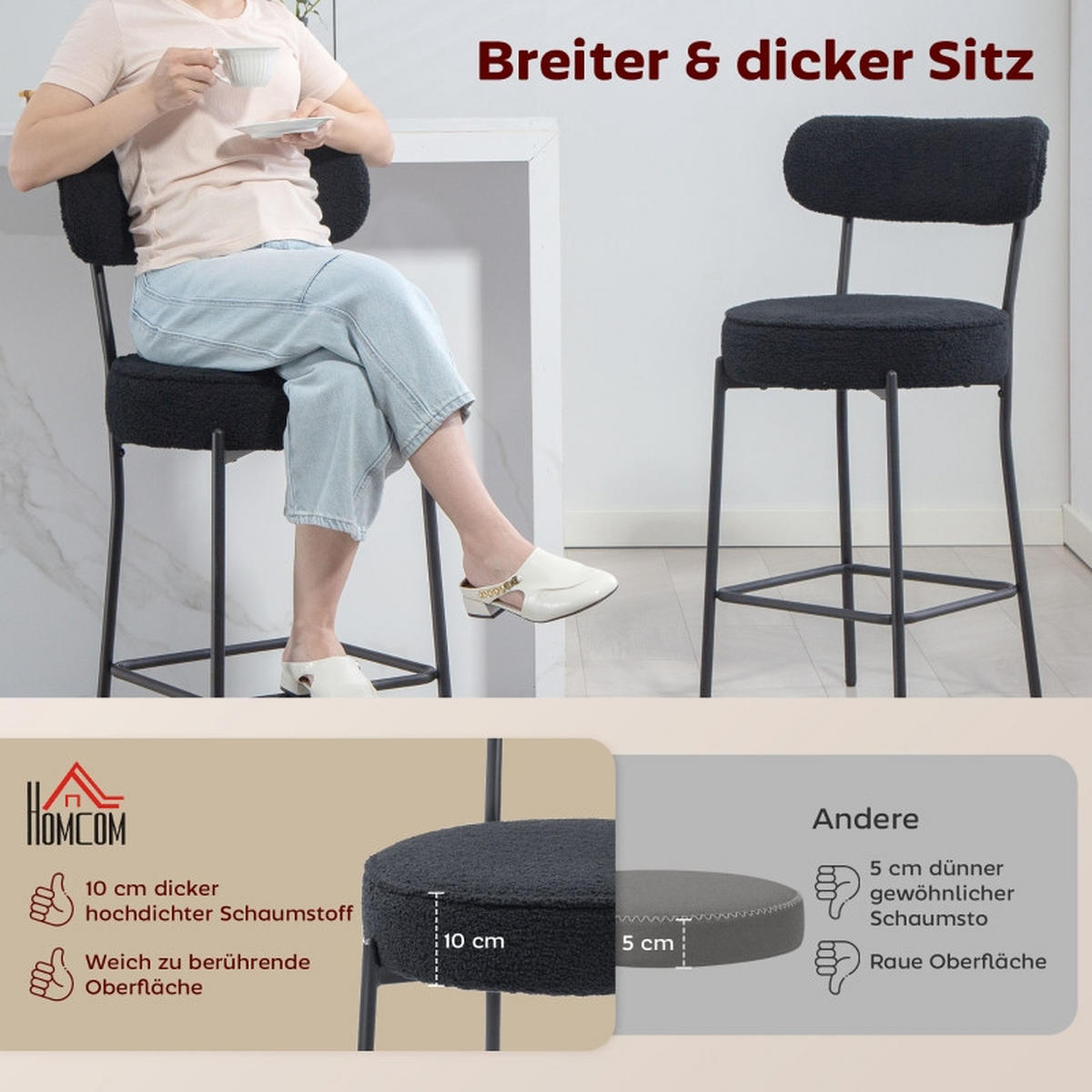 BARHOCKER DE-36051 2er Set mit Fleece-Bezug und Metallrahmen Schwarz - Schwarz, Metall (49/95/52cm) - ComfortXL