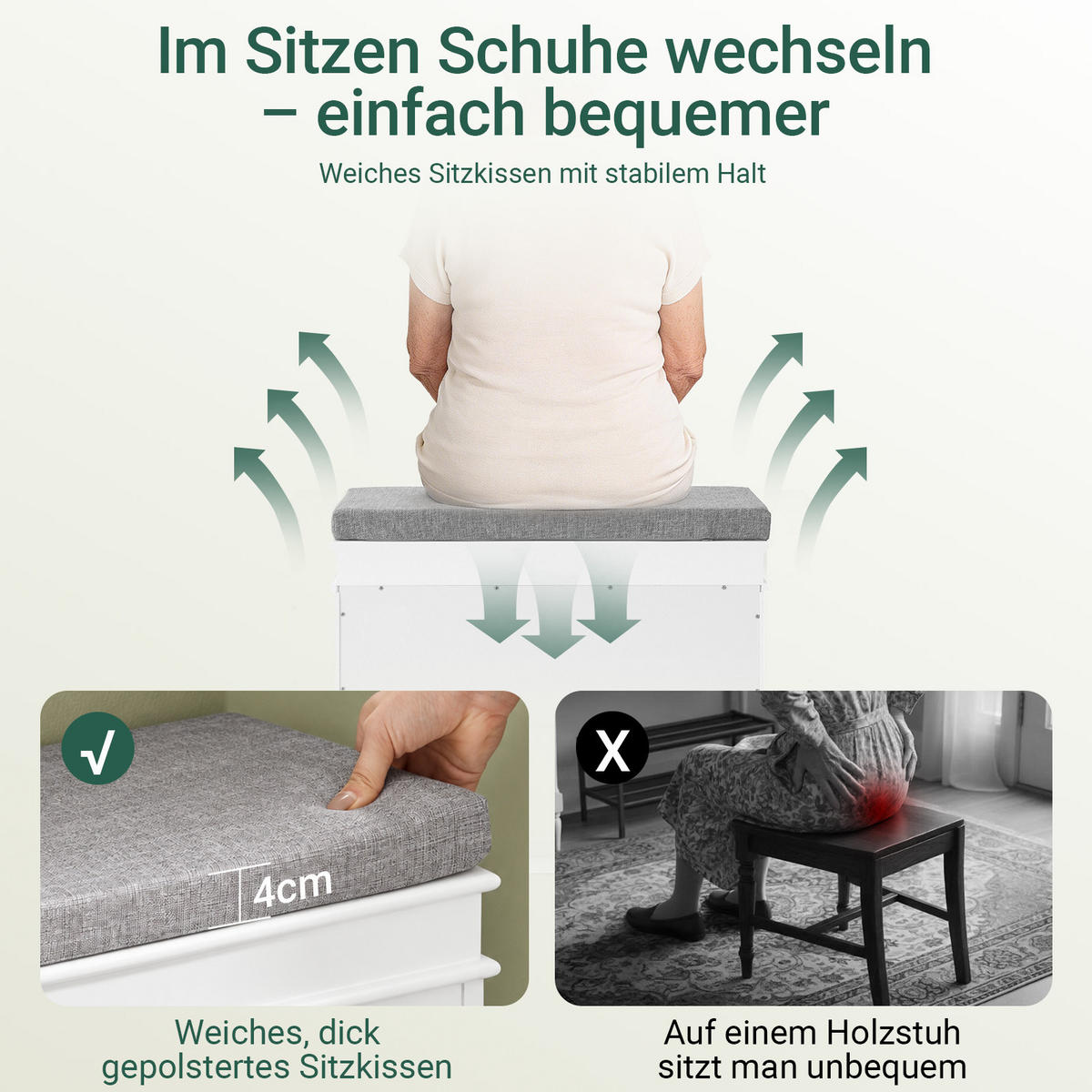 SCHUHBANK, Weiß, 60x51x24 cm, Klappe für 4 Paar, graues Sitzpolster, bis 150 kg, schmal für Flur & Diele - Weiß, Holzwerkstoff (60/51/24cm) - SoBuy