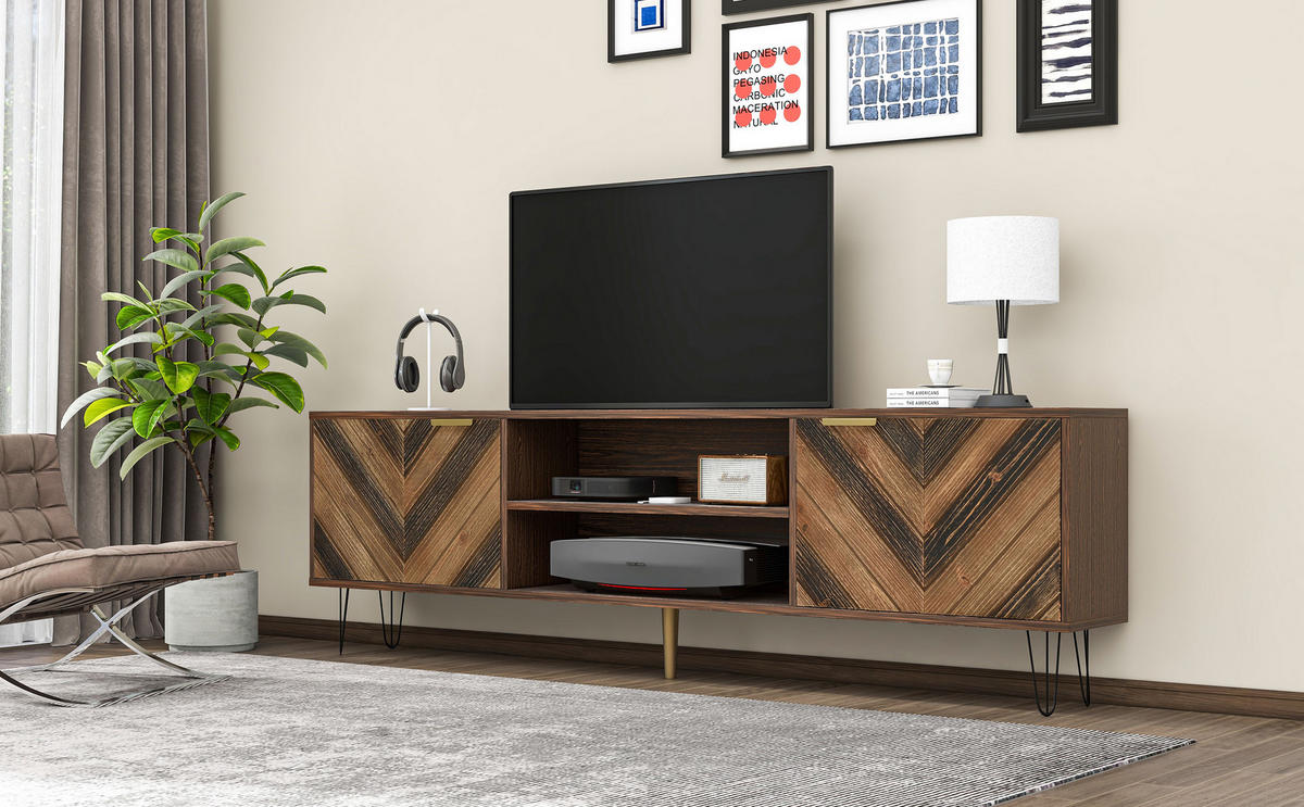 TV-LOWBOARD in Natur mit 2 Türen, Eisenfüßen und goldfarbenen Griffen 155/38/48 cm - Eichefarben, Holzwerkstoff (155/48/38cm) - Redom