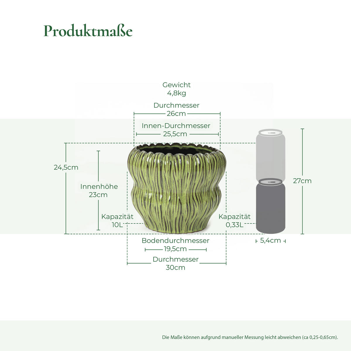 GRÜNER Keramik-Blumentopf, Durchmesser 26 cm, Höhe 24,5 cm - Grün, Keramik (25cm) - Hometopia