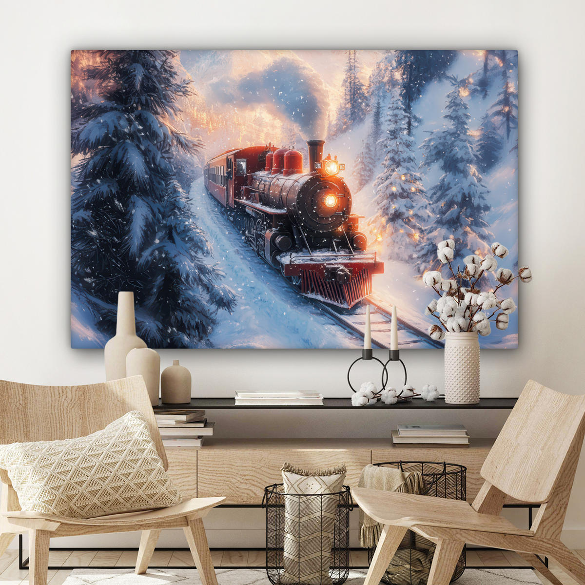 LEINWANDBILD Weihnachtszug - Schnee - Winter - Weihnachten Wohnzimmer 120x80 cm - Dunkelrot, Textil (120/80cm) - MuchoWow