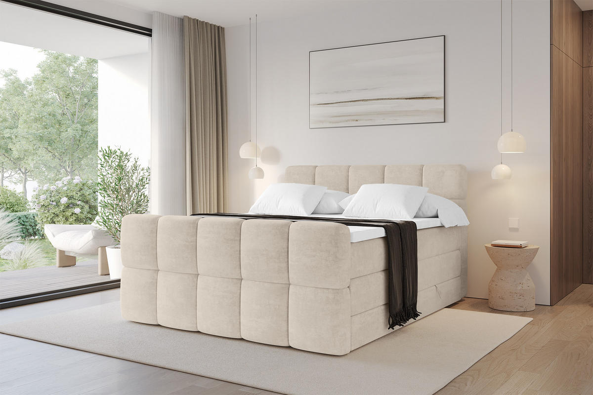 BOXBETT mit Matratze H3/H4 - FAMA-Z KING - 140x200 cm Beige Monolith - Sahara, Holzwerkstoff (140/200cm) - ALTDECOR