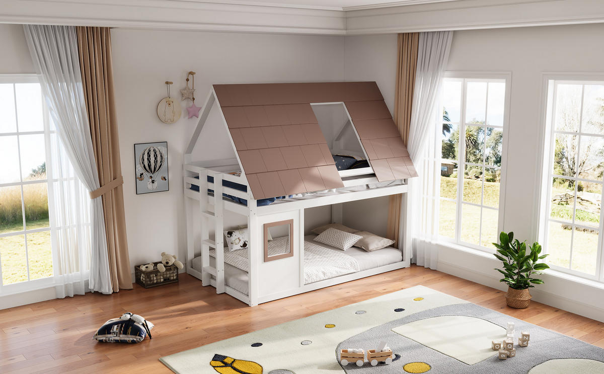 ETAGENBETT 140/200 cm in Weiß & Braun mit Leiter und Dach im Hausbett-Design - Weiß/Braun, Holzwerkstoff (140/200cm) - STILVORA