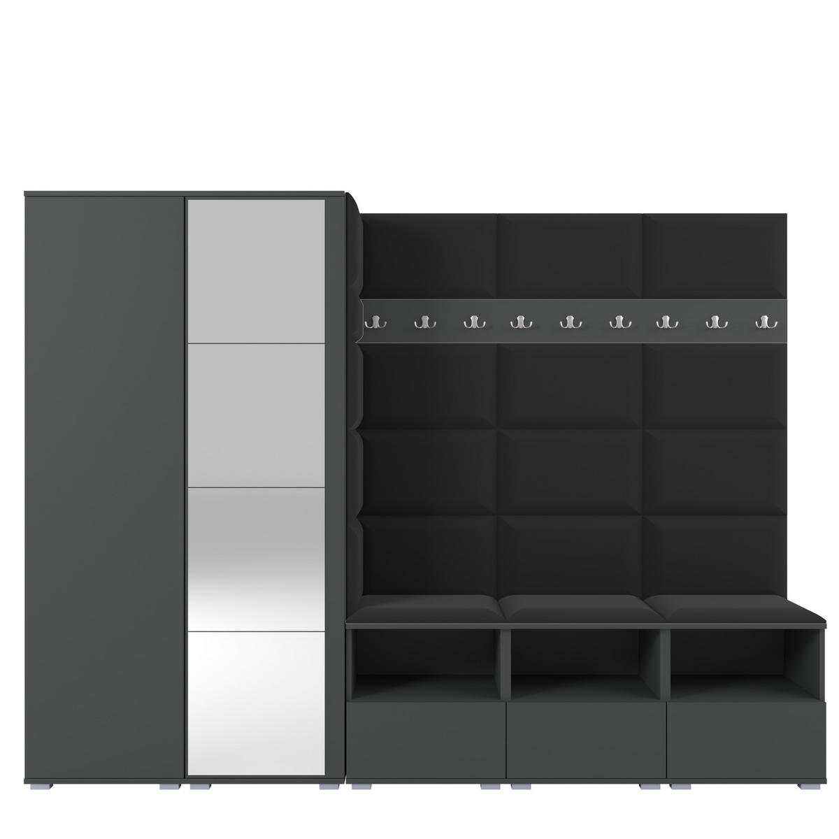 GARDEROBE NELA VII 250 cm (Modulare Flurmöbel XL Graphit mit Spiegel & Sitzpolster Schwarz 16 Universell) - Silberfarben/Schwarz, Holz/Holzwerkstoff (250/187/40cm) - Ravio