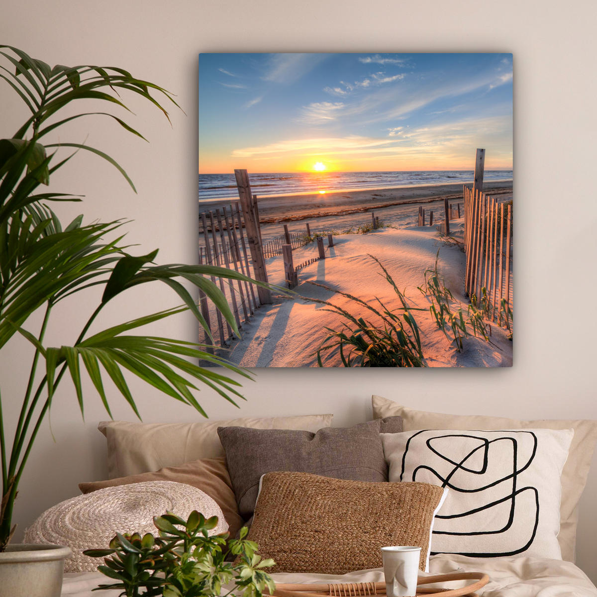 LEINWANDBILD Strand - Meer - Düne - Sonnenuntergang - Landschaft 90x90 cm - Beige, Textil (90/90cm) - MuchoWow