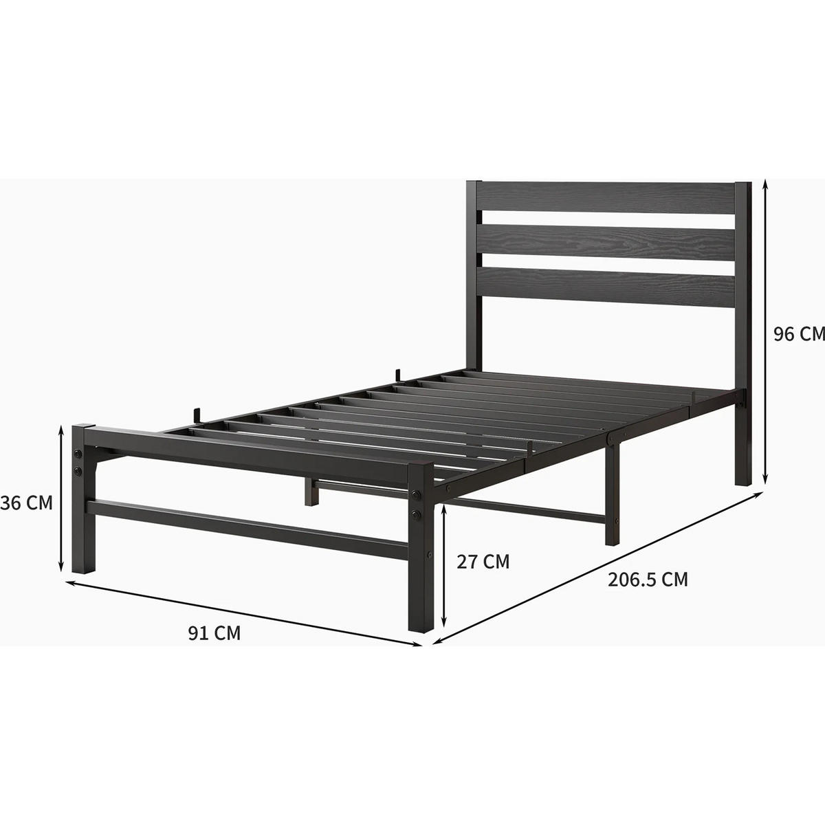 METALLBETT 90/200 cm Schwarz mit komfortablem Kopfteil - Schwarz, Metall (90/200cm) - OKWISH