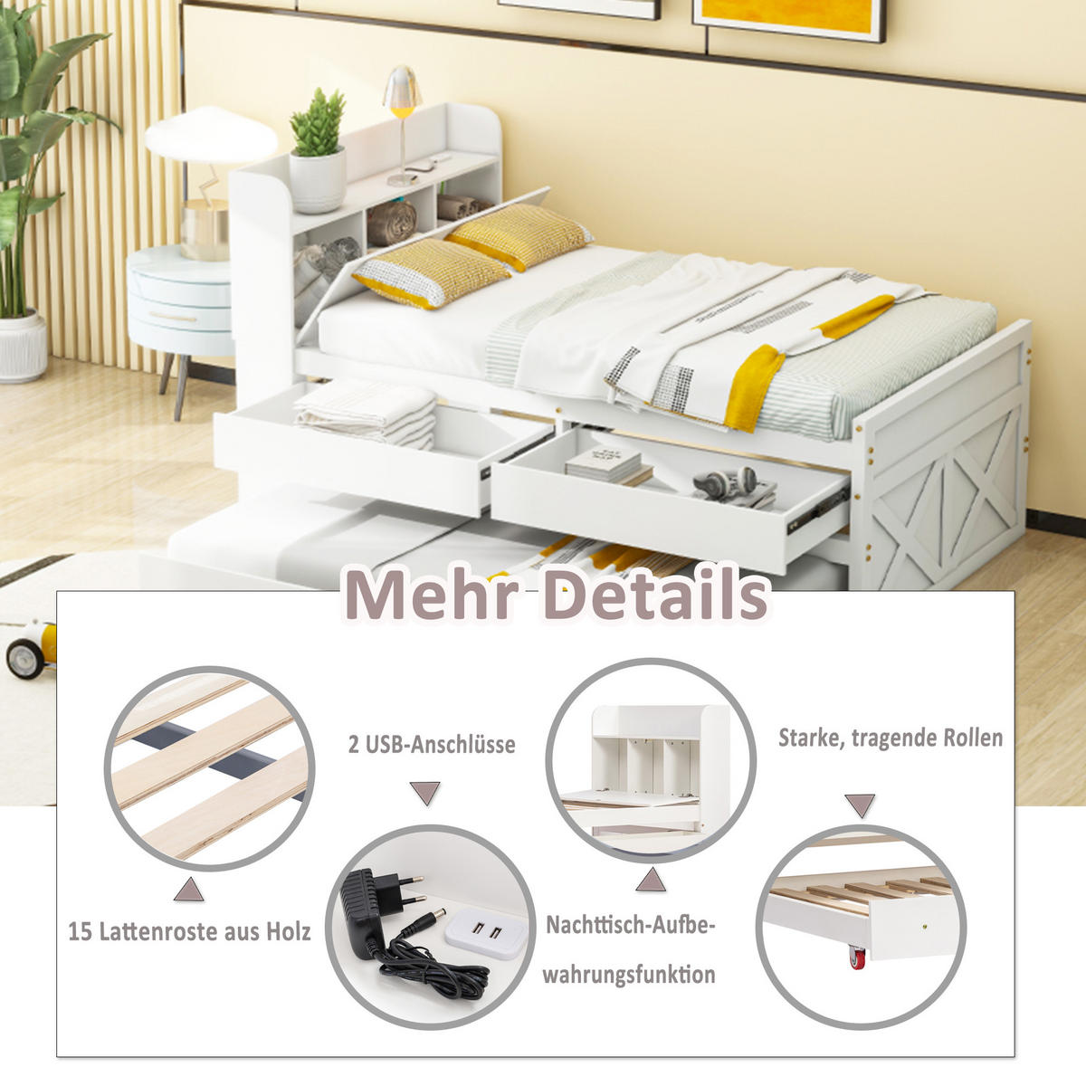 EINZELBETT 90/190 cm Weiß Massivholz mit ausziehbarem Bett und Nachttisch mit USB-Anschluss - Weiß, Holz (90/190cm) - OKWISH