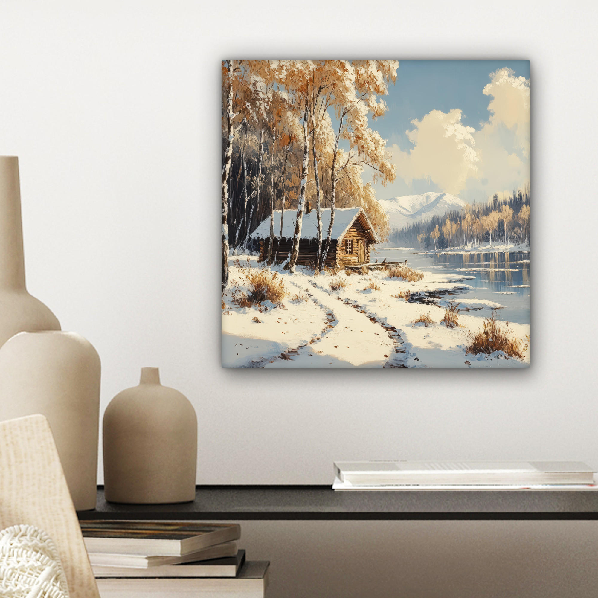 LEINWANDBILD Winter - Schnee - Zuhause - Natur 20x20 cm - Hellbraun, Textil (20/20cm) - MuchoWow