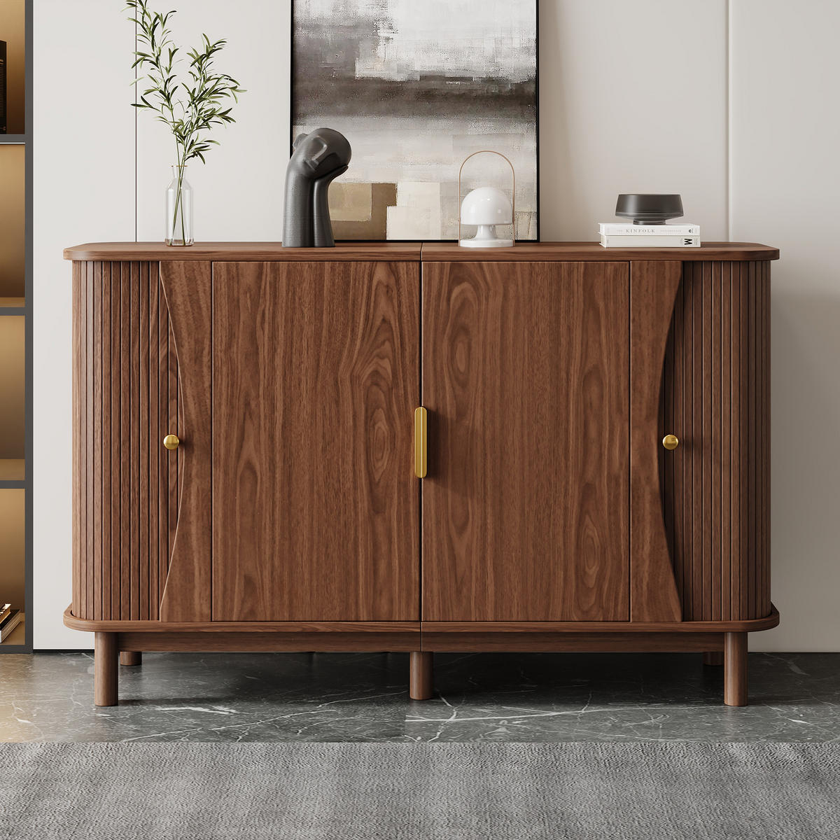 SIDEBOARD mit Stauraum und Schiebetüren,mit geschwungenen Kanten Walnuss 140/40/88 cm - Walnussfarben, Holzwerkstoff (140/88/40cm) - EVRYAE