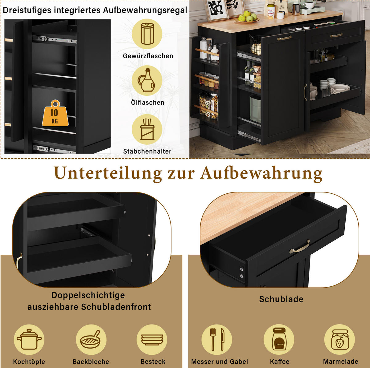 KÜCHENINSEL 115/40/87 cm mit offenen Fächern und 2 Schubladen in Holzoptik, Schwarz - Schwarz, Holzwerkstoff (115/87/40cm) - Redom