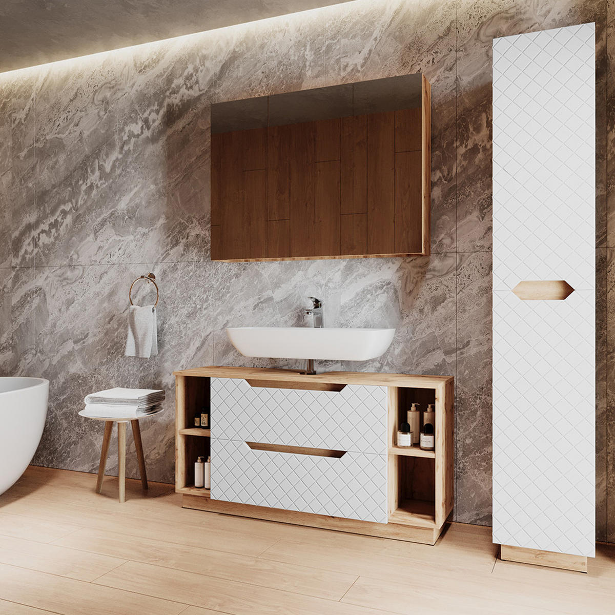 KOUPELNOVÝ NÁBYTEK Lotta Dub/bílá se strukturou dlaždic - bílá, kompozitní dřevo (119.2/62.5/35cm) - Vicco