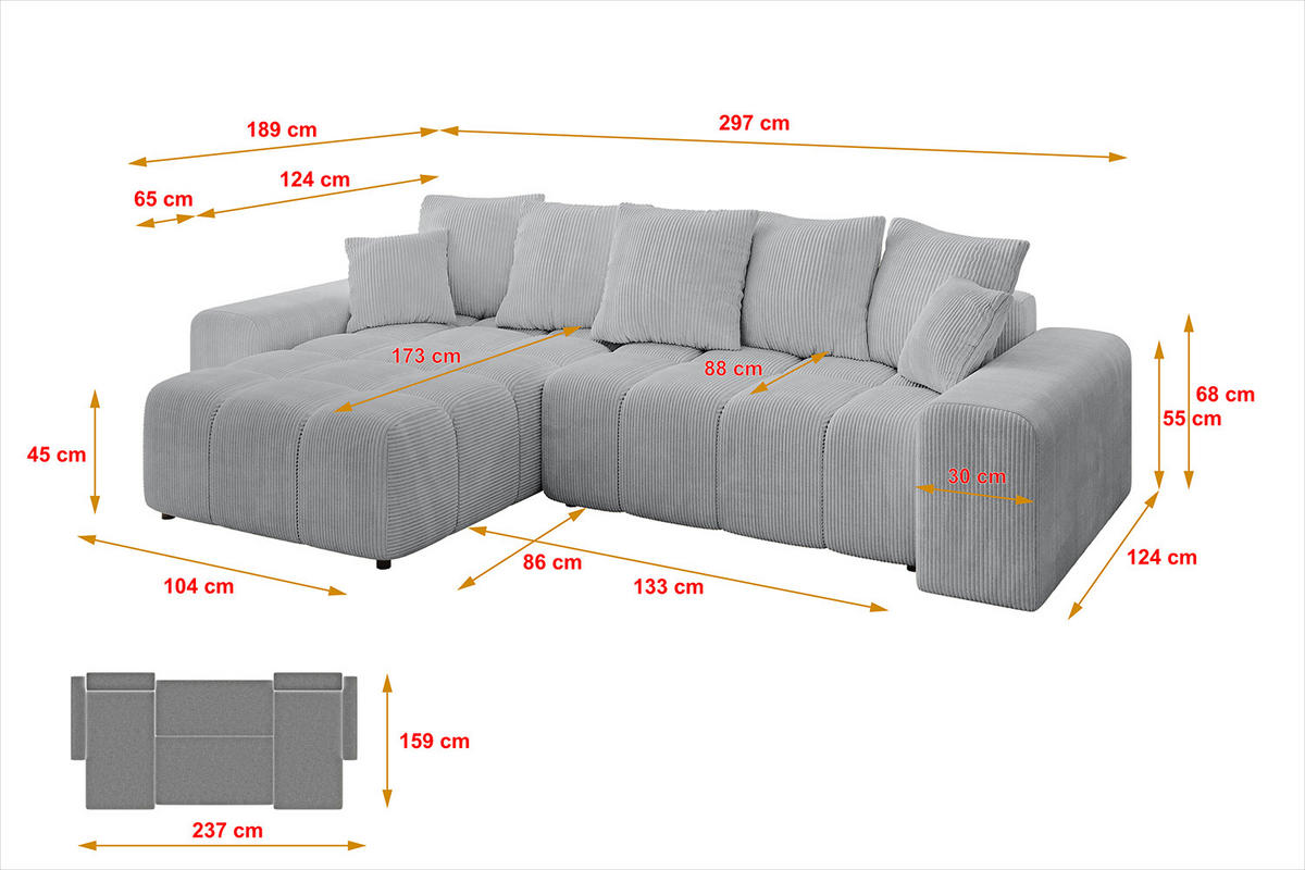 ECKSOFA Ottomane links/rechts ENIL-L 297x189x68 Grau Cord - Grau, Holzwerkstoff/Kunststoff (297/189cm) - ALTDECOR