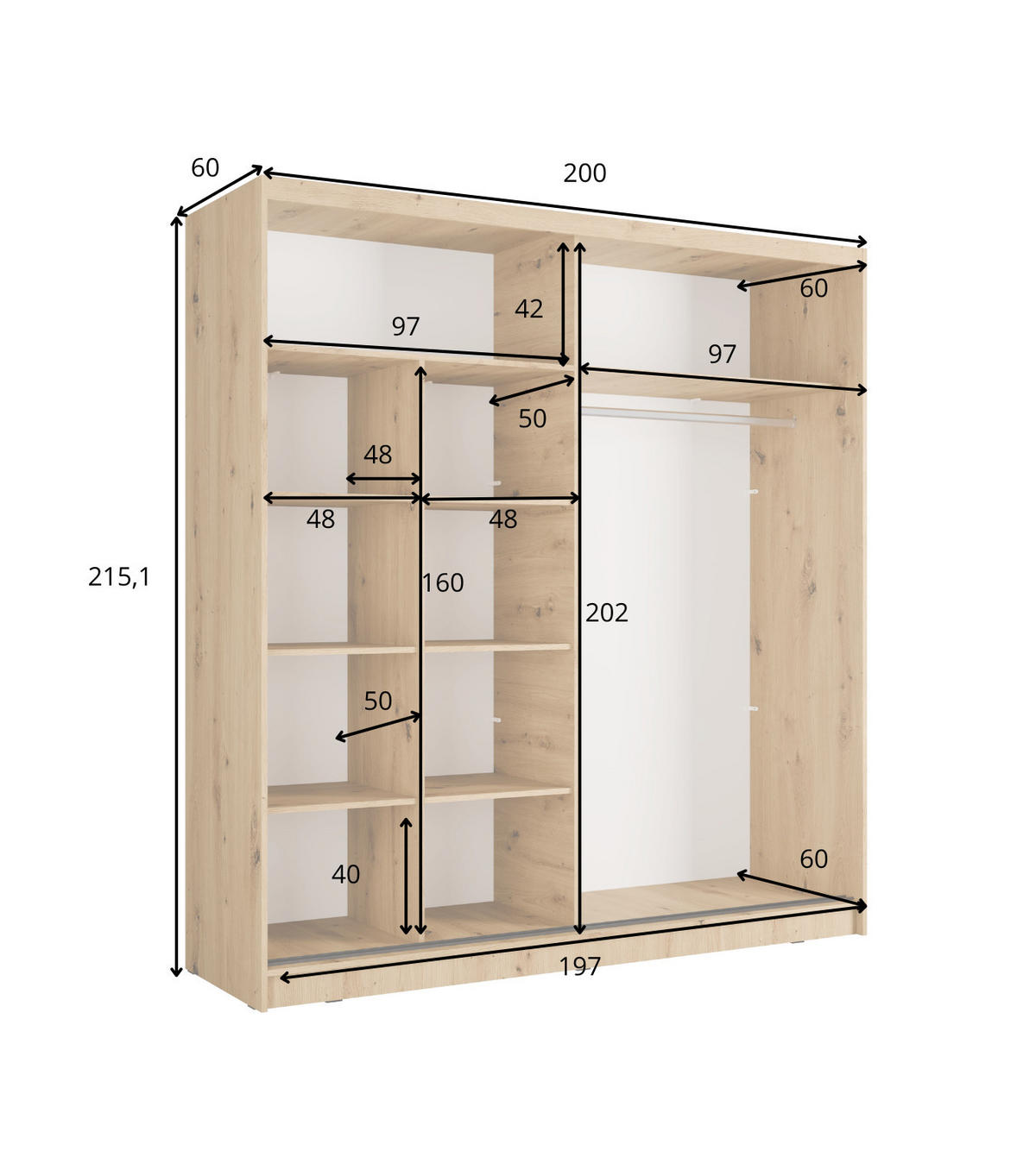 SCHIEBETÜRENSCHRANK ALUNA 11 - 205/215/62 cm 2-Türig Weiß/Artsian Oak - Weiß/Eiche Artisan, Holz/Holzwerkstoff (205/215/62cm)