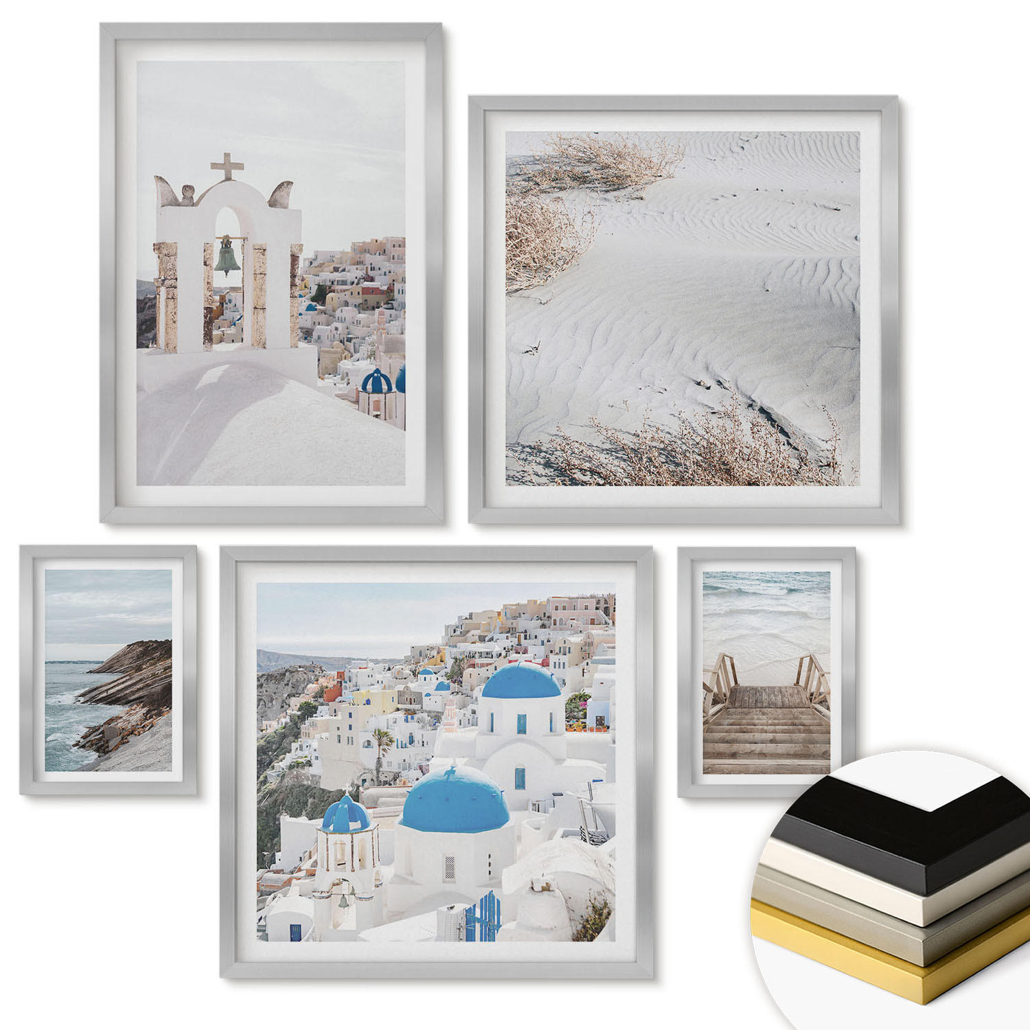 WANDBILDER 5er Set - 50x50 cm & 20x30 cm & 40x60 cm Silberner Rahmen - Meeresarchitektur Santorin - Silberfarben, Kunststoff (40/60cm) - ArtPrintCave