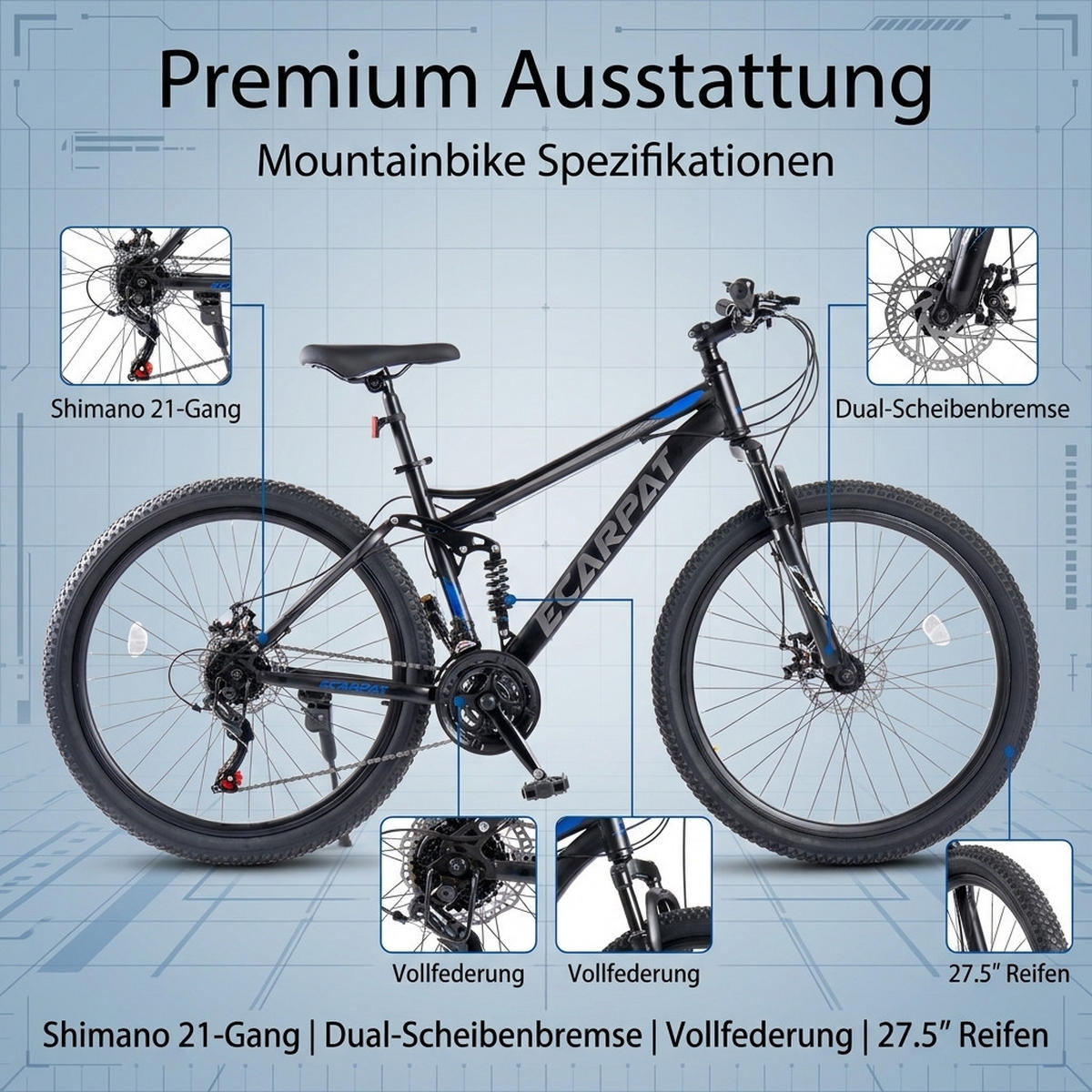 MOUNTAINBIKE 26 Zoll Schwarz + Blau, 21-Gang-Schaltung, Doppel-Scheibenbremsen, Carbonstahl - Blau, Metall (20cm) - Oxeza