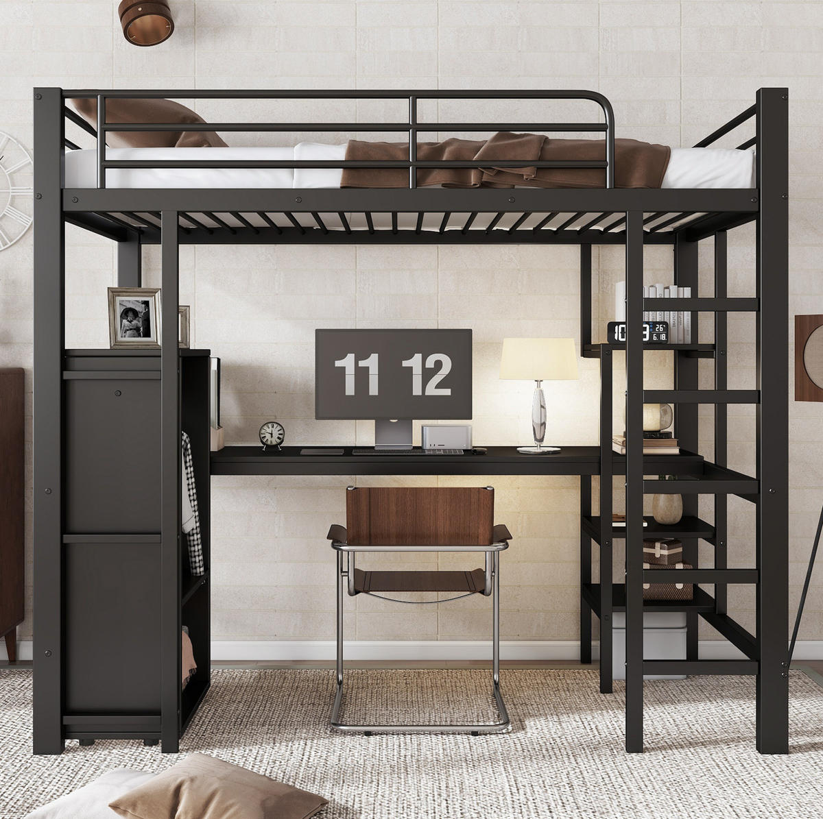 ETAGENBETT aus Metall und MDF 90x200 cm Schwarz mit Schreibtisch, Kleiderschrank, Regalen und 5-stufiger Leiter - Schwarz, Metall (90/200cm) - Modfu