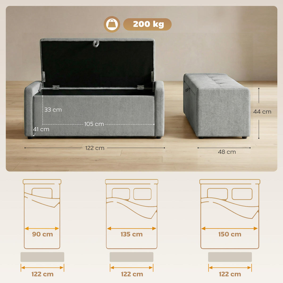 TRUHENBANK DE-16455 breit gepolstert mit Stauraum Hellgrau - Hellgrau, Textil (122/44/48cm) - ComfortXL
