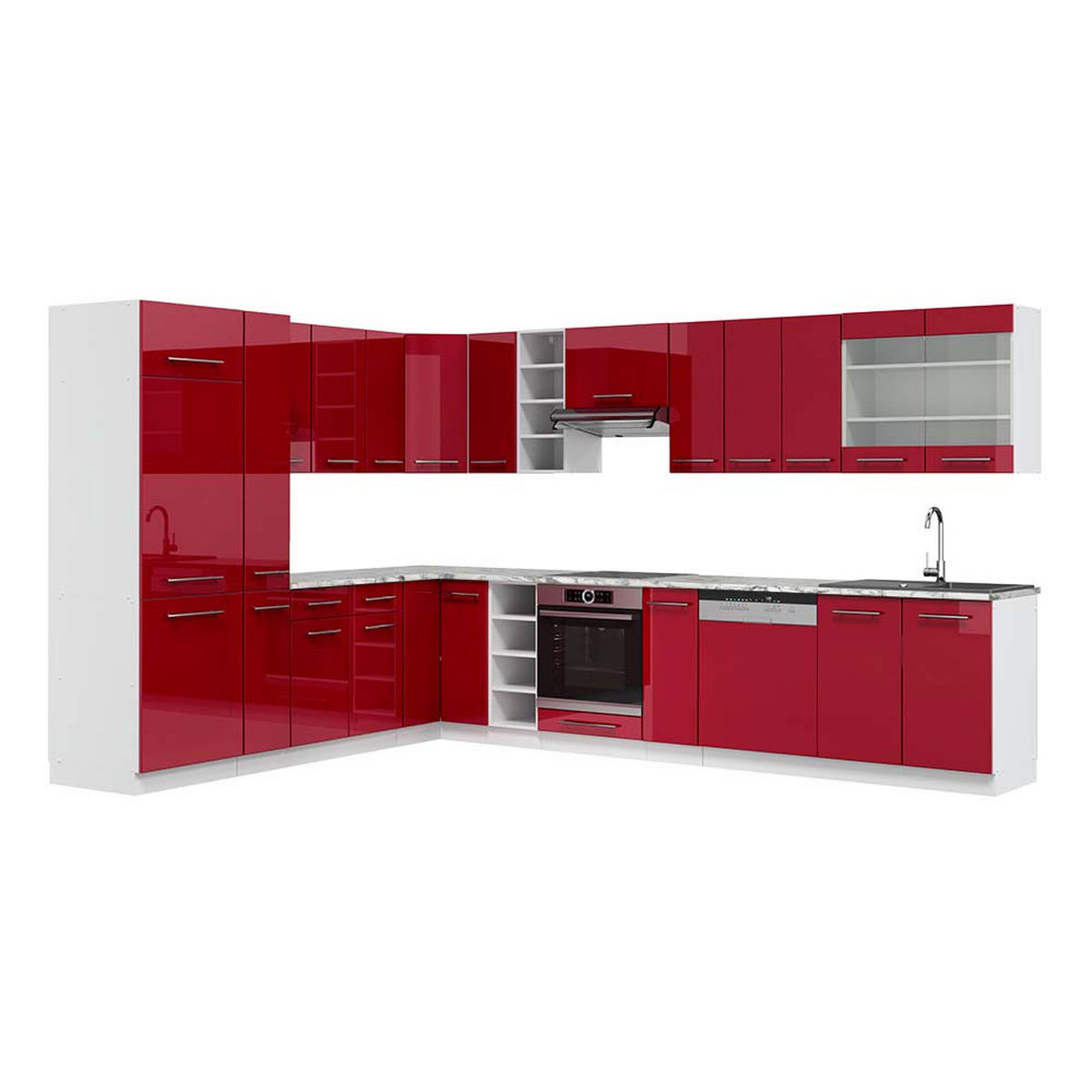 ECKKÜCHE Fame-Line Bordeaux Hochglanz/Weiß 347 x 257 cm, AP Marmor - Bordeaux/Weiß, Holzwerkstoff (347/81.6/60cm) - Vicco