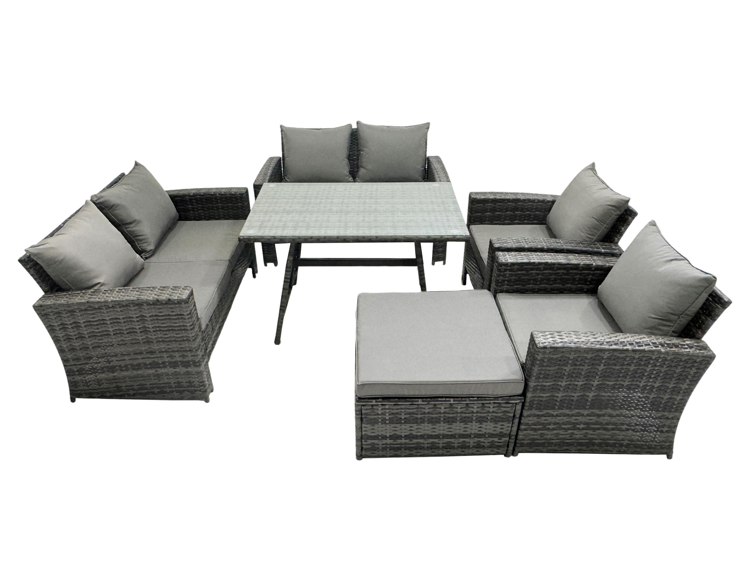 GARTENTISCHGRUPPE Polyrattan 7-Sitzer Grau - Dunkelgrau/Grau, Glas/Kunststoff - Fimous