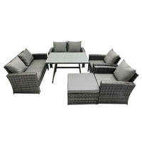 GARTENTISCHGRUPPE Polyrattan 7-Sitzer Grau - Dunkelgrau/Grau, Glas/Kunststoff - Fimous