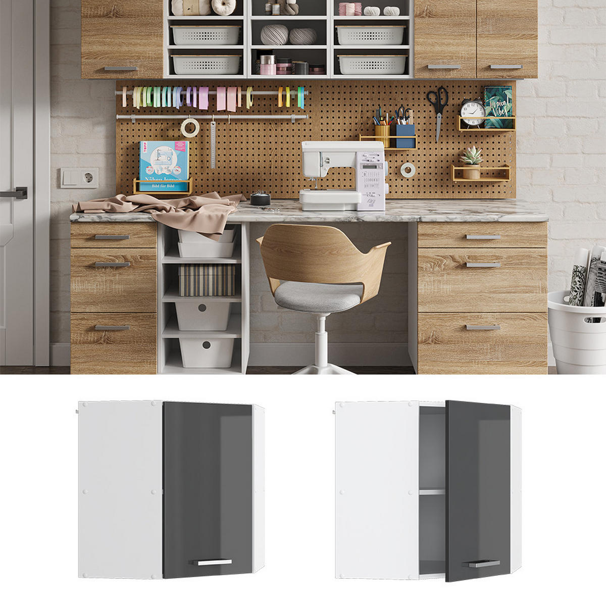 UNIVERZÁLNÍ NÁSTĚNNÁ SKŘÍŇKA R-Line Antracitový vysoký lesk - bílá/vysoce lesklá černá, kompozitní dřevo (57/60/34.1cm) - Vicco