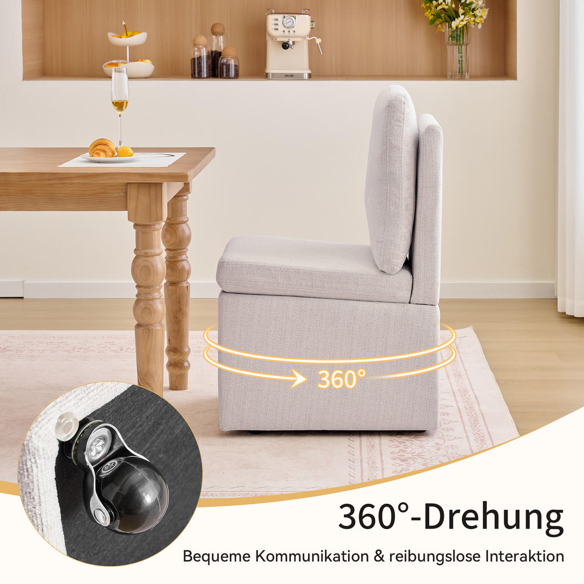 DREHSTUHL Chenille Beige drehbar, mit Stauraum und Rollen - Beige/Grau, Holzwerkstoff/Textil (49/92/65cm) - WISHDOR