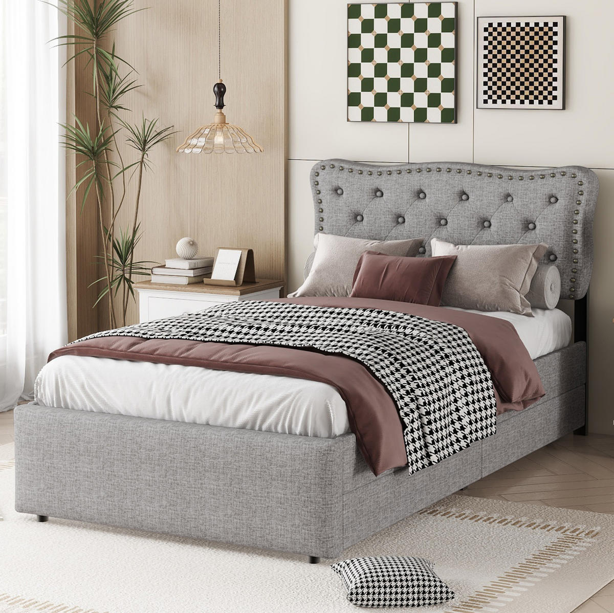 POLSTERBETT aus MDF und Leinenstoff 90x200 cm Grau mit 2 Schubladen - Grau, Textil (90/200cm) - IVMEU