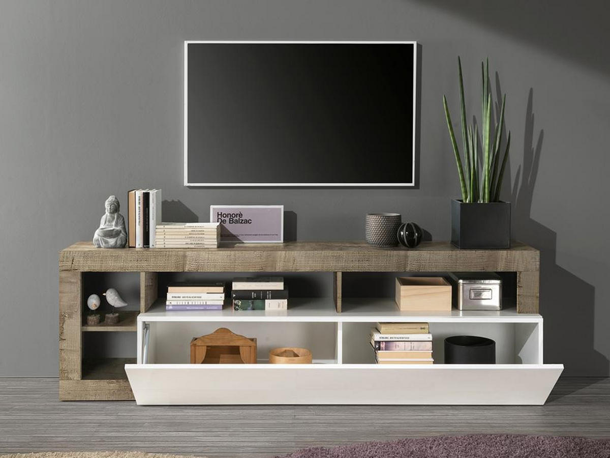 TV-MÖBEL mit 1 Tür & 4 Ablagen - Weiß lackiert & Eichefarben - SEFRO - Naturfarben, Holz (42/58/184cm) - Vente-Unique