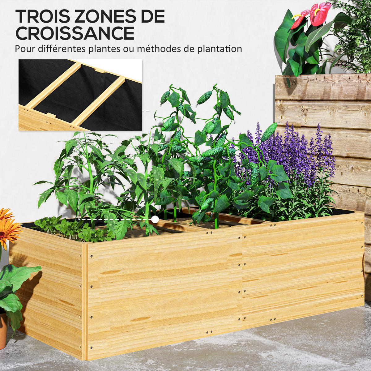 HOCHBEET DE-12193 3 Fächer, 140/60/40 cm Natur - Naturfarben, Holz (140/40/60cm) - ComfortXL