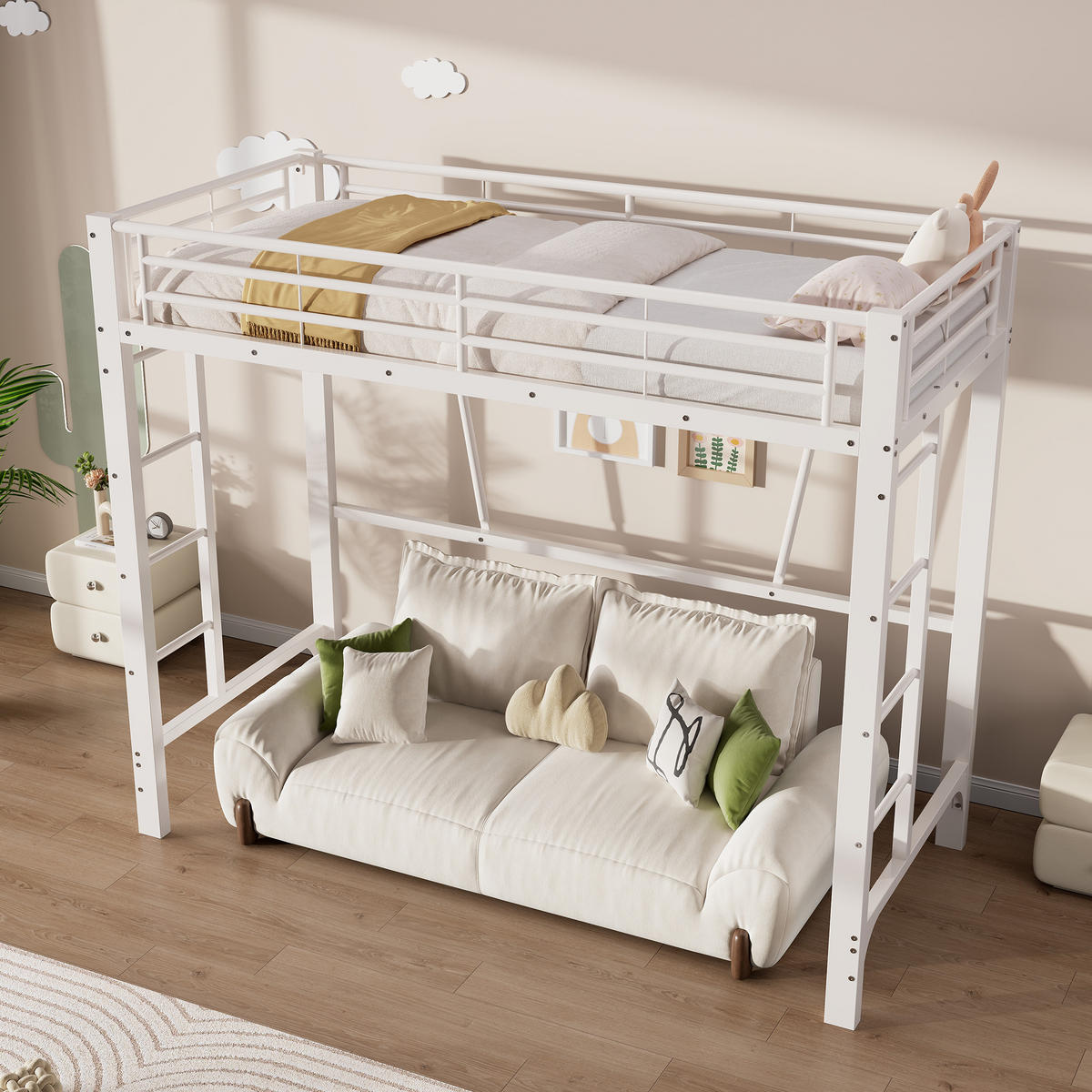 HOCHBETT 90/200 cm in Weiß mit Doppelleiter, Schutzgeländern und offenem Raum unter dem Bett aus Metall - Weiß, Metall (90/200cm) - STILVORA