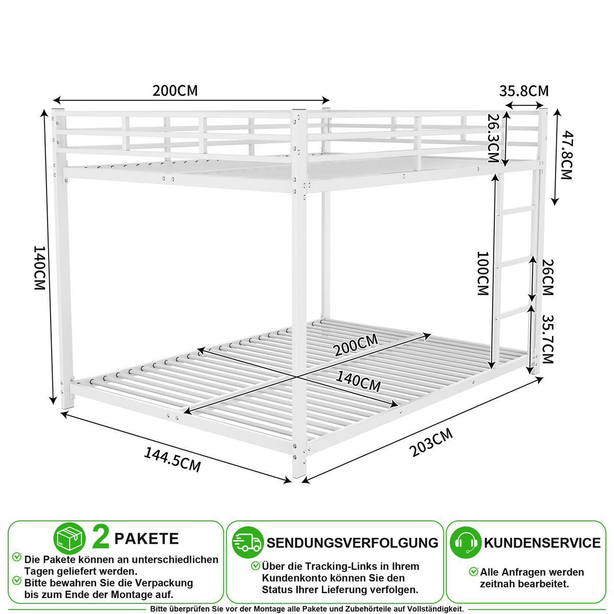 ETAGENBETT 140/200 cm & 140/200 cm in Weiß mit Sicherheitsleisten - Weiß, Metall (140/200cm) - CHICFURN