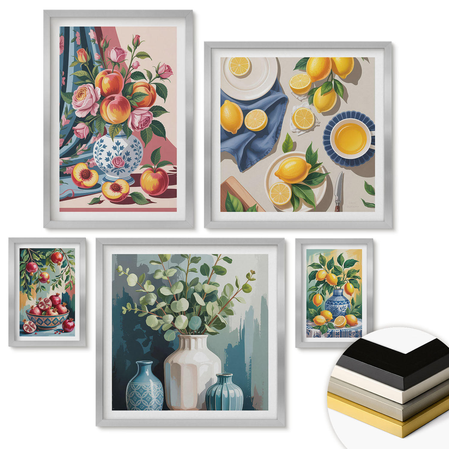 WANDBILDER 5er Set - 50x50 cm & 20x30 cm & 40x60 cm Silberner Rahmen - Matisses stilvolle Figuren - Silberfarben, Kunststoff (40/60cm) - ArtPrintCave